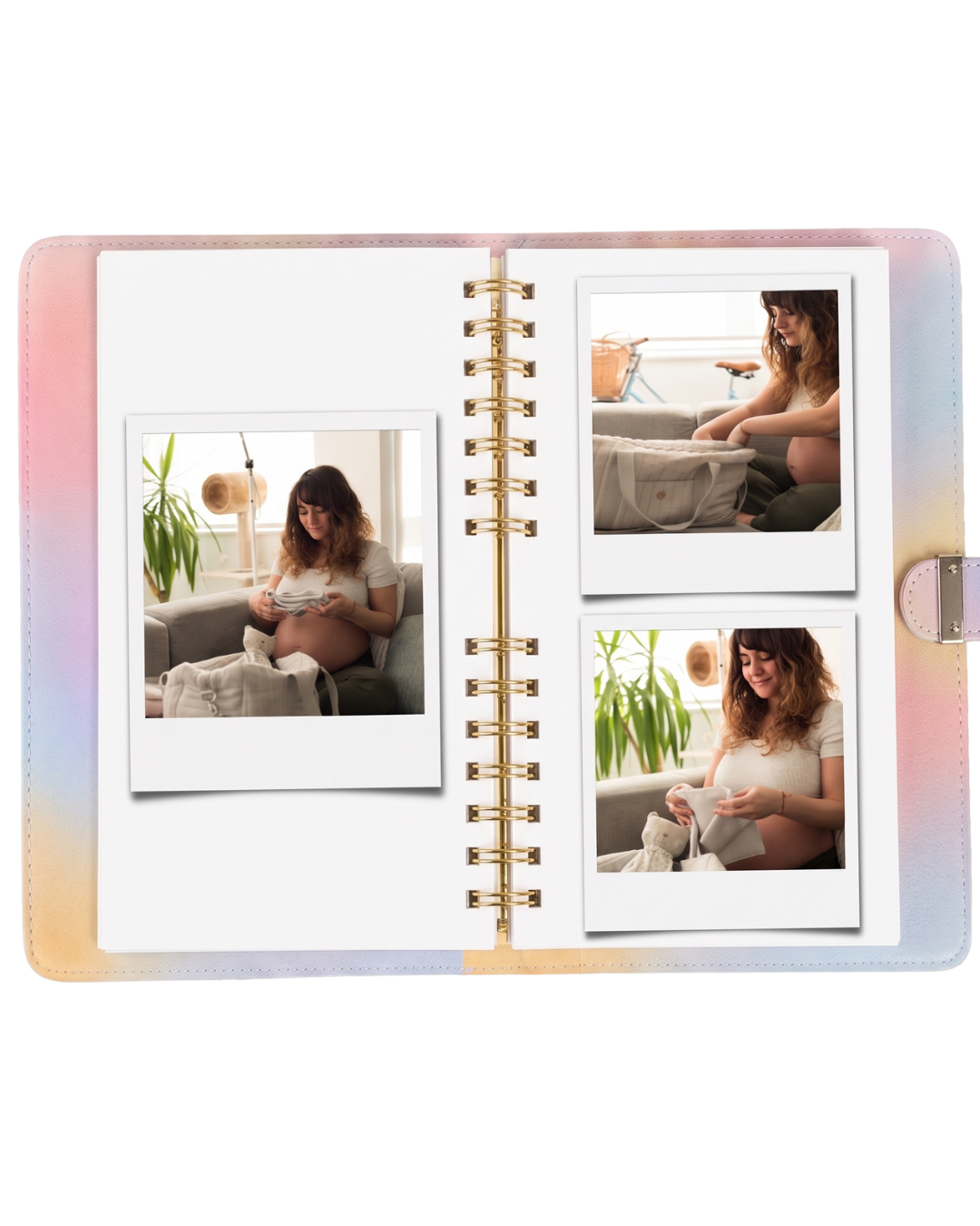 Álbum de fotos aberto com a mãe organizando a mala de maternidade
