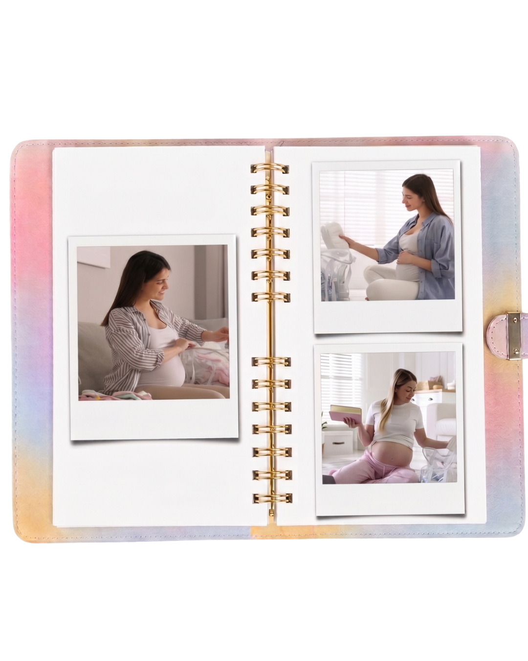 Álbum de fotos aberto com a mãe e a mala pronta